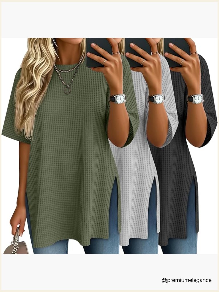 Oversized Waffle Knit Short Sleeve Tops 3-Pack Side Split Loose Long Tees